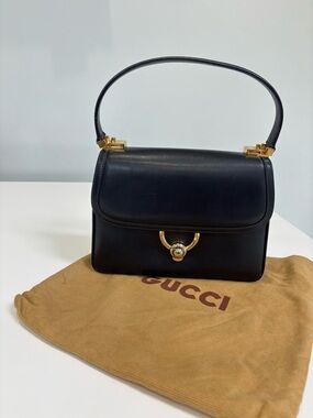 Gucci Vintage Navy Leather Top Handle Bag Gold Hardware Italy Structured